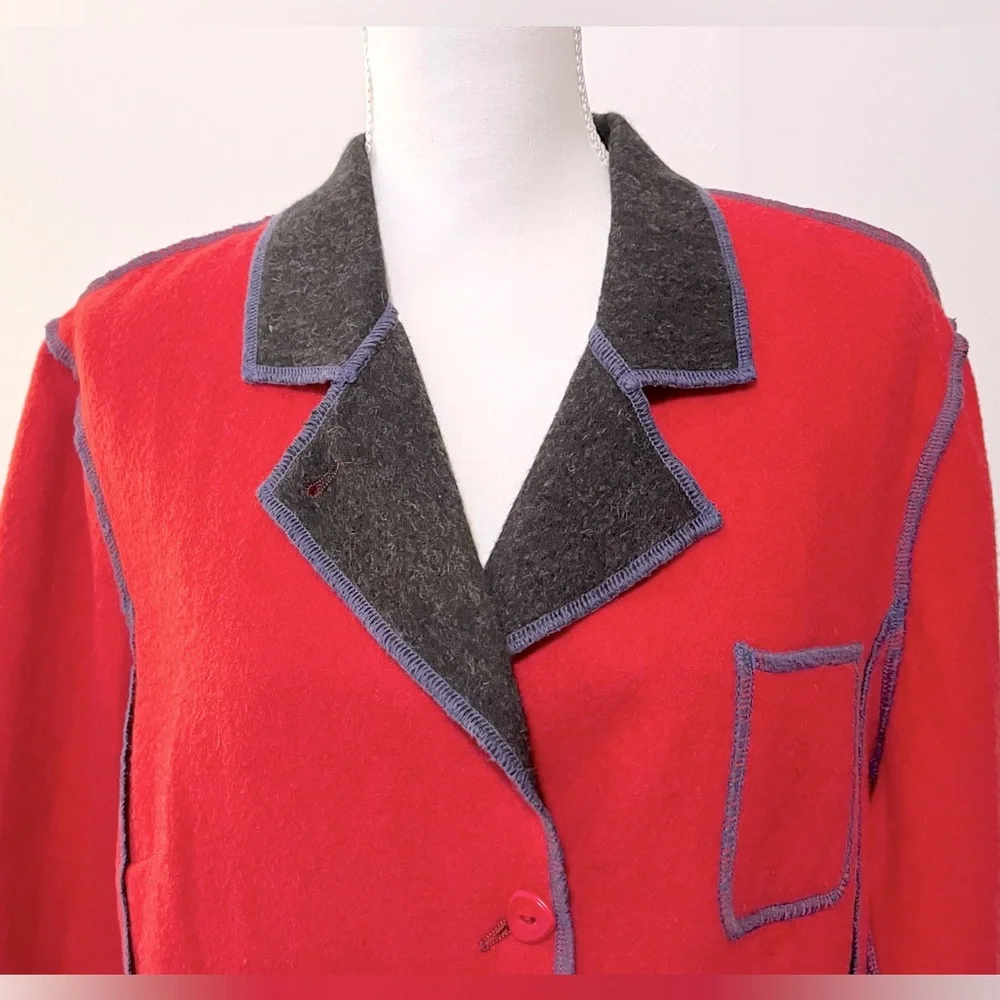 Vintage Barry Bricken Baby Alpaca & Wool Jacket Blazer. Red/Dk Blue Trim. XL
